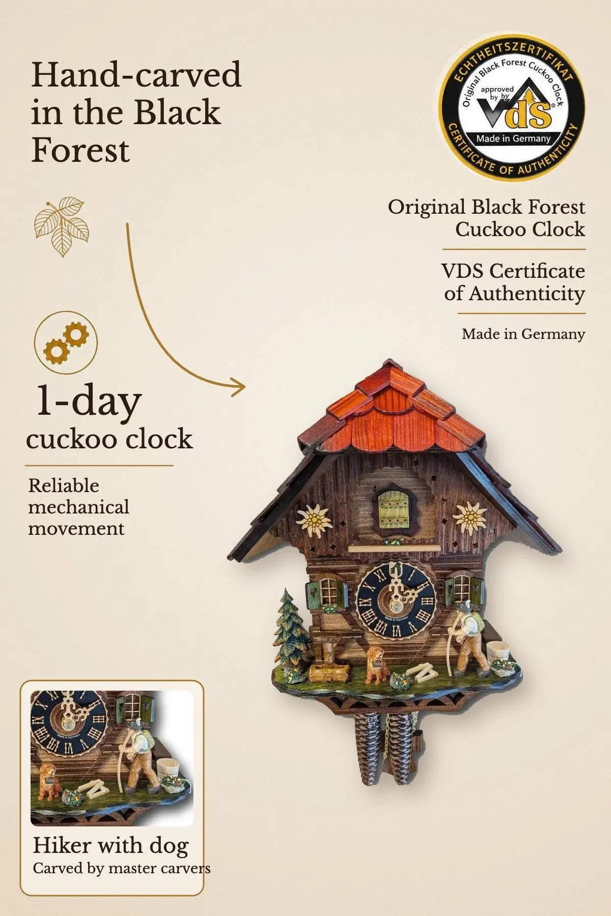 Hiker with Dog Cuckoo Clock – one day, hand-carved, VDS certified | Montag Steins & Clocks