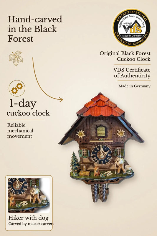 Hiker with Dog Cuckoo Clock – one day, hand-carved, VDS certified | Montag Steins & Clocks