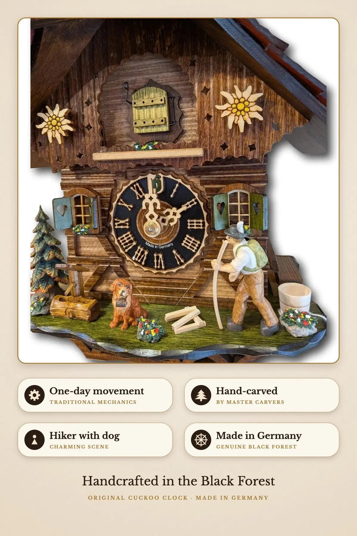 Hiker with Dog Cuckoo Clock – one-day movement, made in Germany | Montag Steins & Clocks