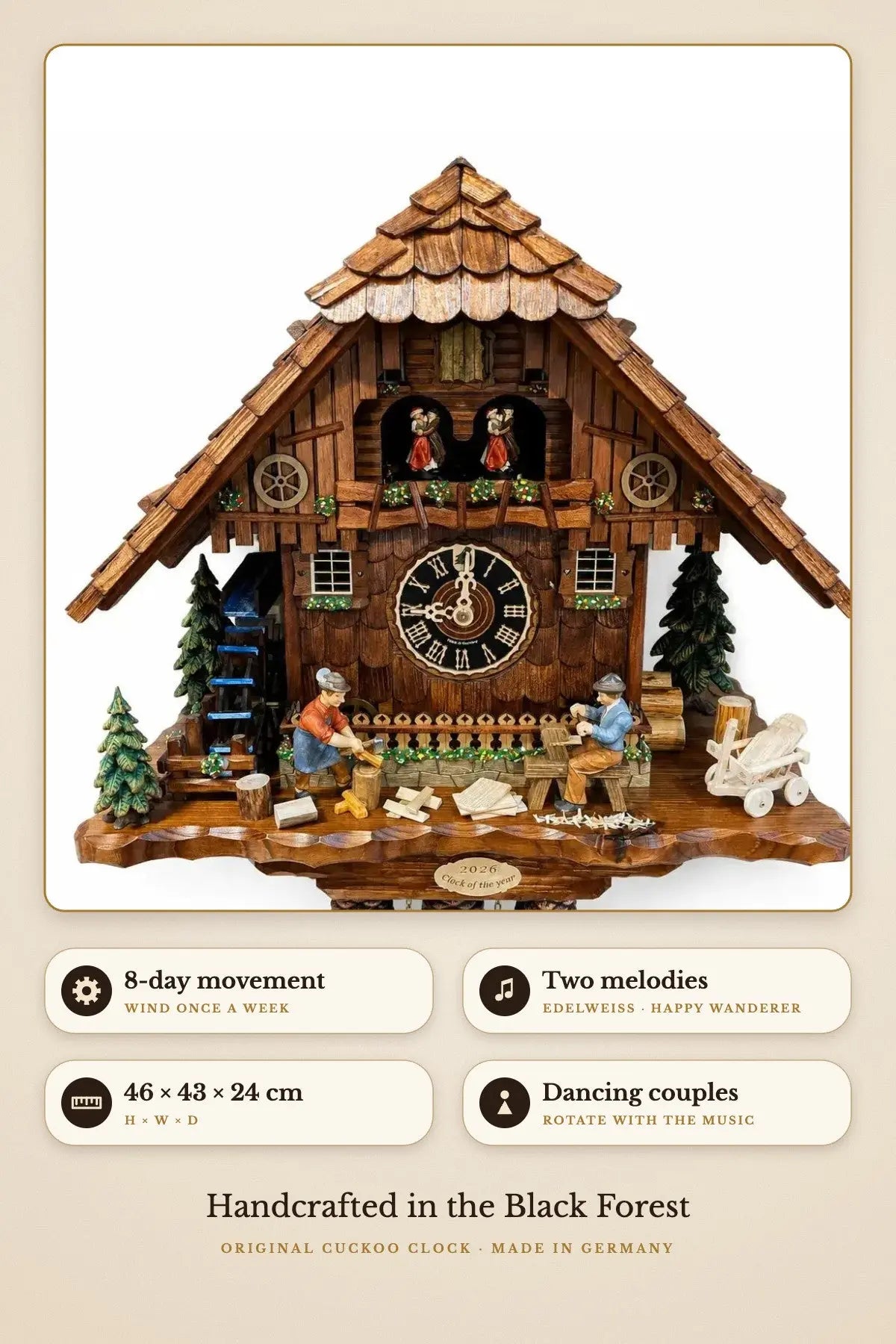 Hoenes Clock of the Year 2026 – Edelweiss & Happy Wanderer, 46 × 43 × 24 cm | Montag Steins & Clocks