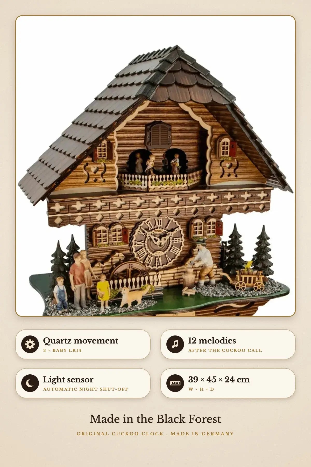 Home Sweet Home – 12 melodies, light sensor, 39 × 45 × 24 cm | Montag Steins & Clocks