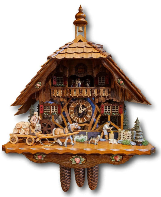 Horse-drawn carriage with plexiglass 8-day cuckoo clock Hekas