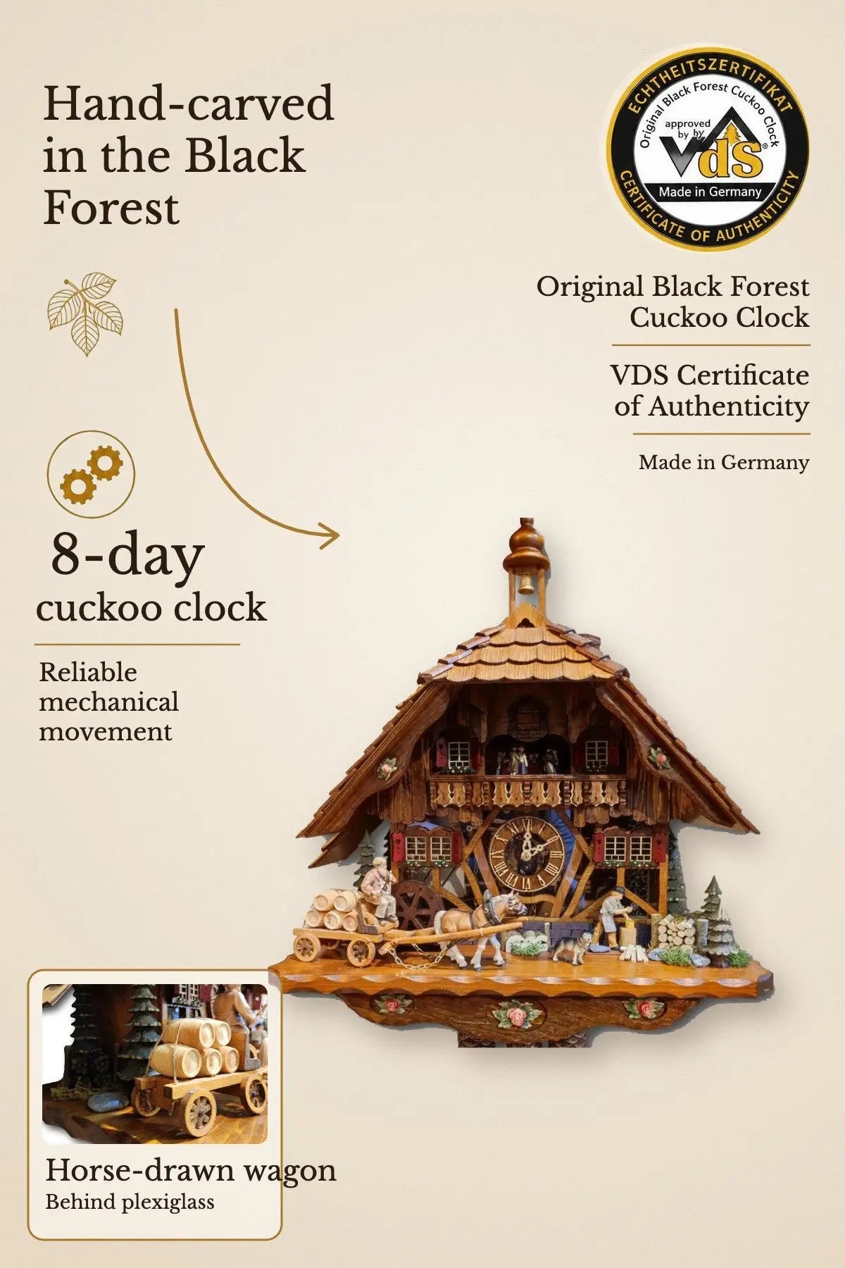 Horse-drawn carriage with plexiglass 8-day cuckoo clock – hand-carved, VDS certified | Montag Steins & Clocks