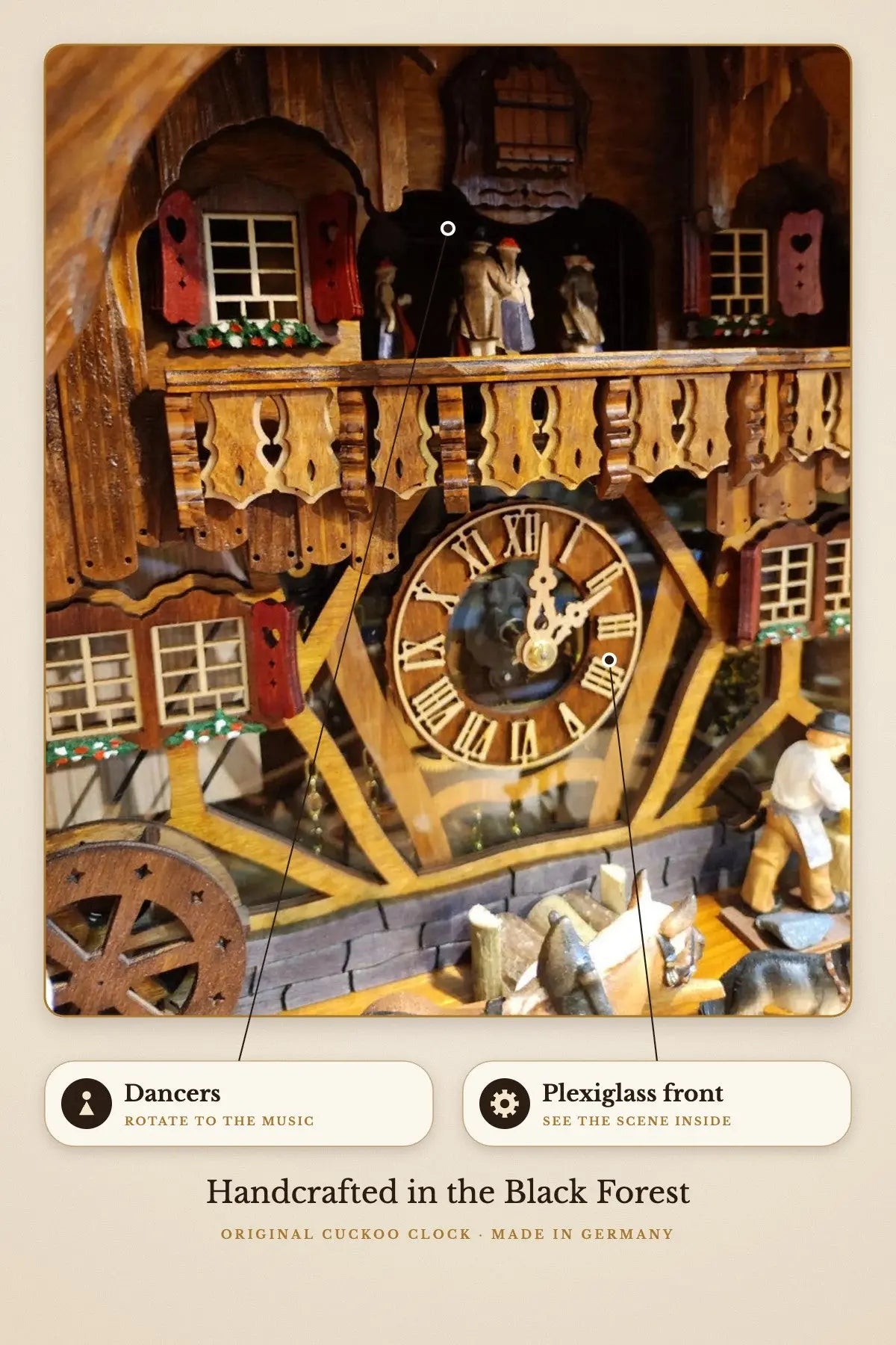 Dancers rotating to the music behind a plexiglass front | Montag Steins & Clocks