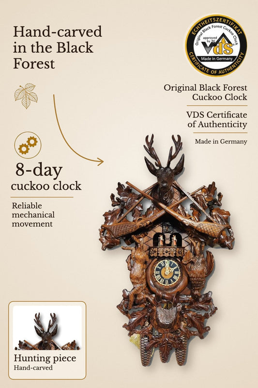 Hunting piece hand-carved 8-day cuckoo clock with music – VDS certified | Montag Steins & Clocks