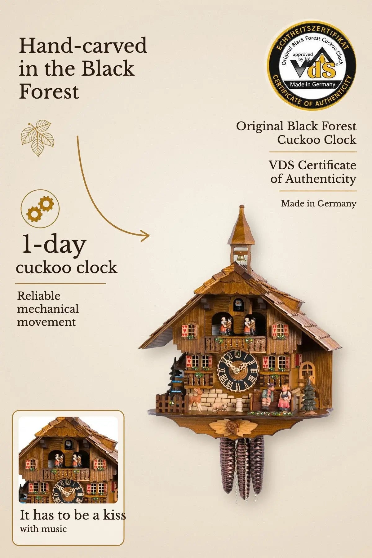It has to be a kiss, 1 day cuckoo clock with music – hand-carved, VDS certified | Montag Steins & Clocks