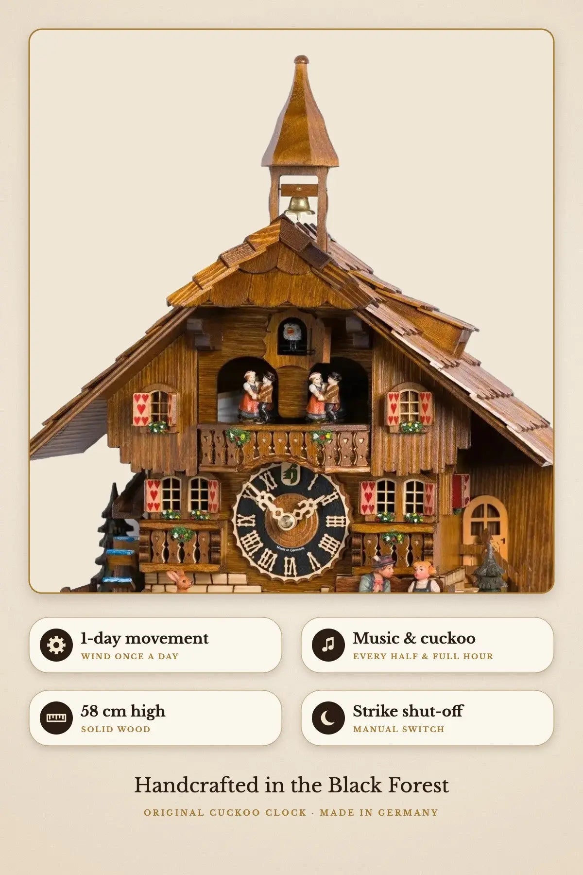 1-day movement, music and cuckoo, 58 cm high, manual strike shut-off | Montag Steins & Clocks