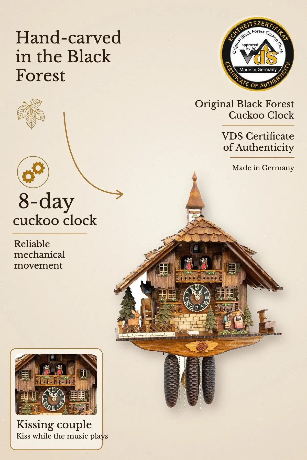 Kissing couple on the bench 8 day cuckoo clock with music – VDS certified | Montag Steins & Clocks