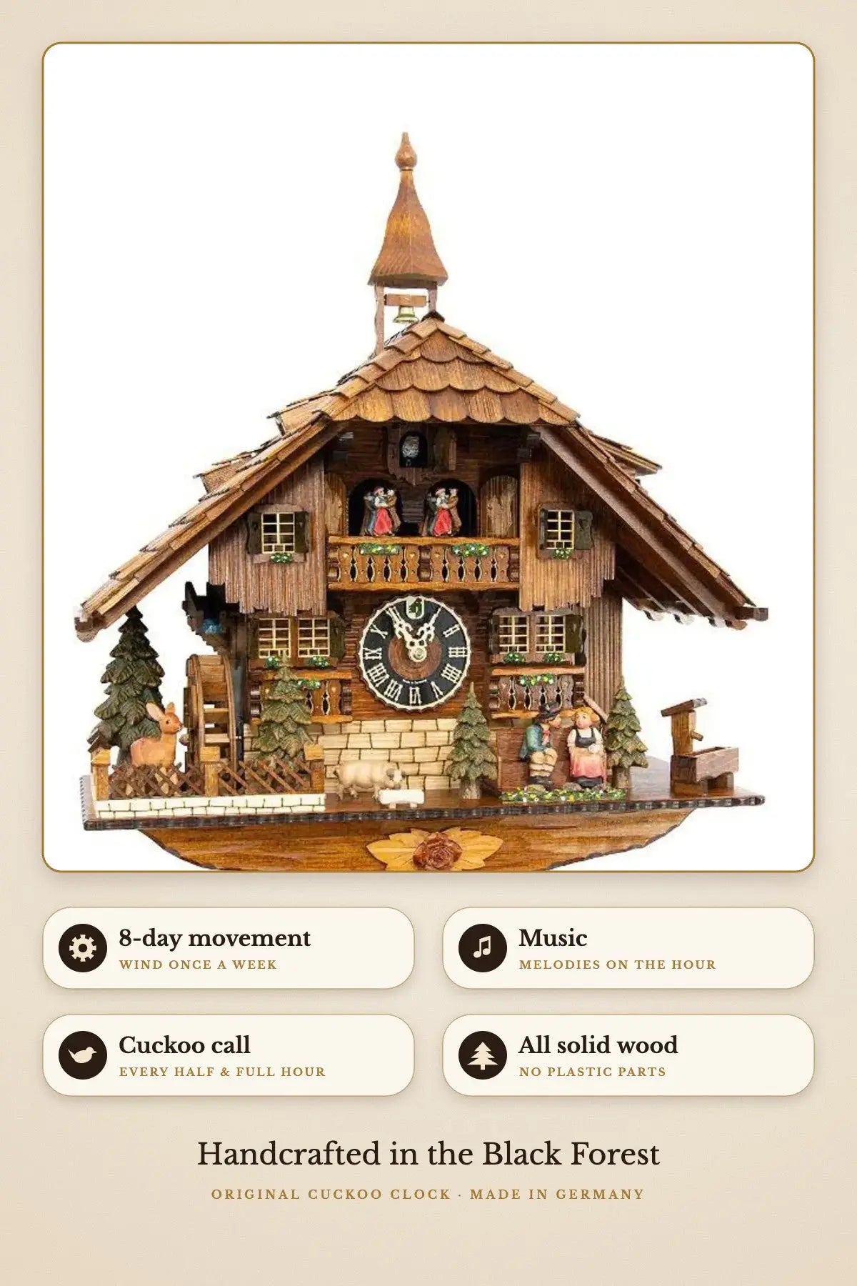 Kissing couple on the bench – 8-day movement, music, all solid wood | Montag Steins & Clocks