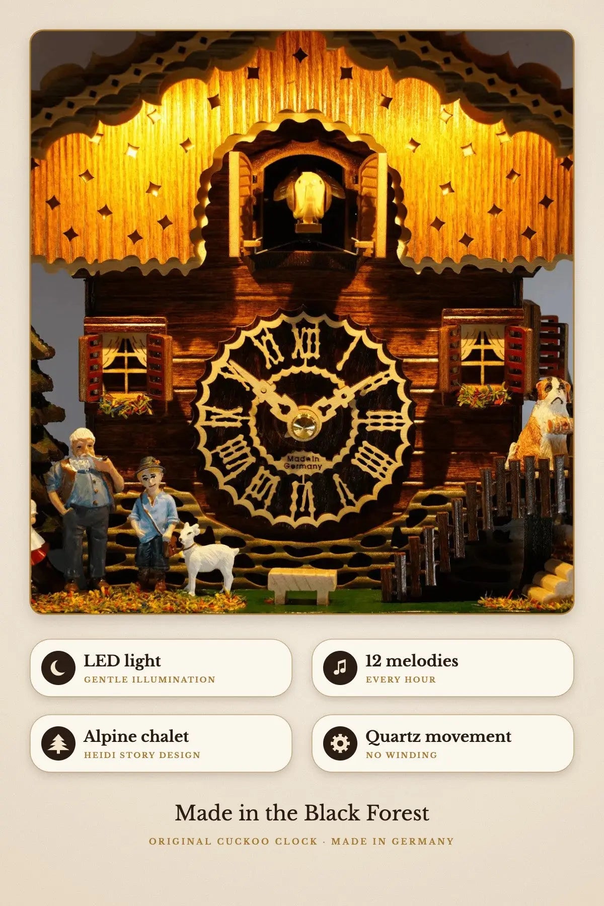 KuckuShine Heidi House – LED light, 12 melodies, alpine chalet | Montag Steins & Clocks