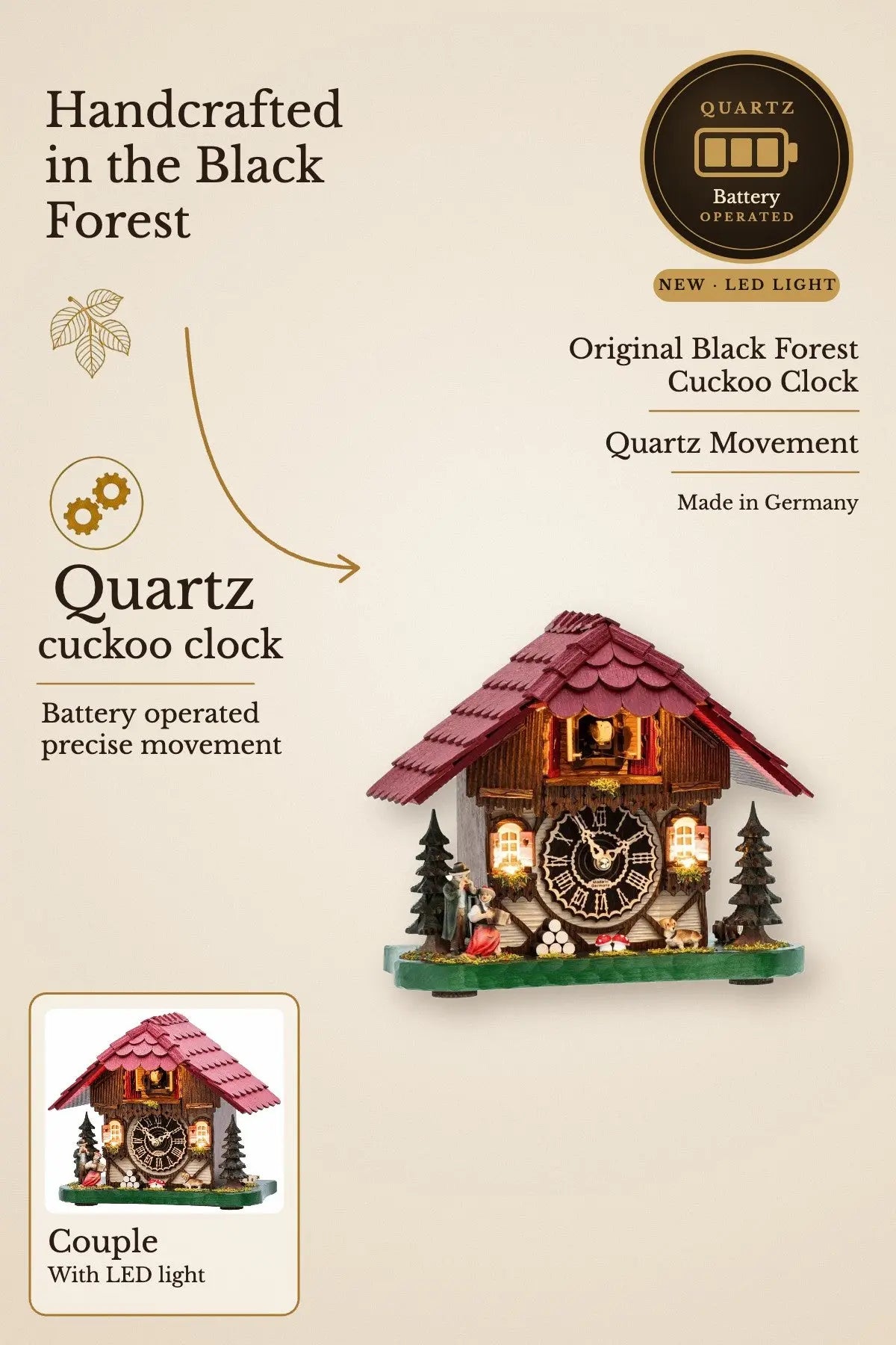 KuckuShine quartz cuckoo clock with couple – NEW with LED light | Montag Steins & Clocks