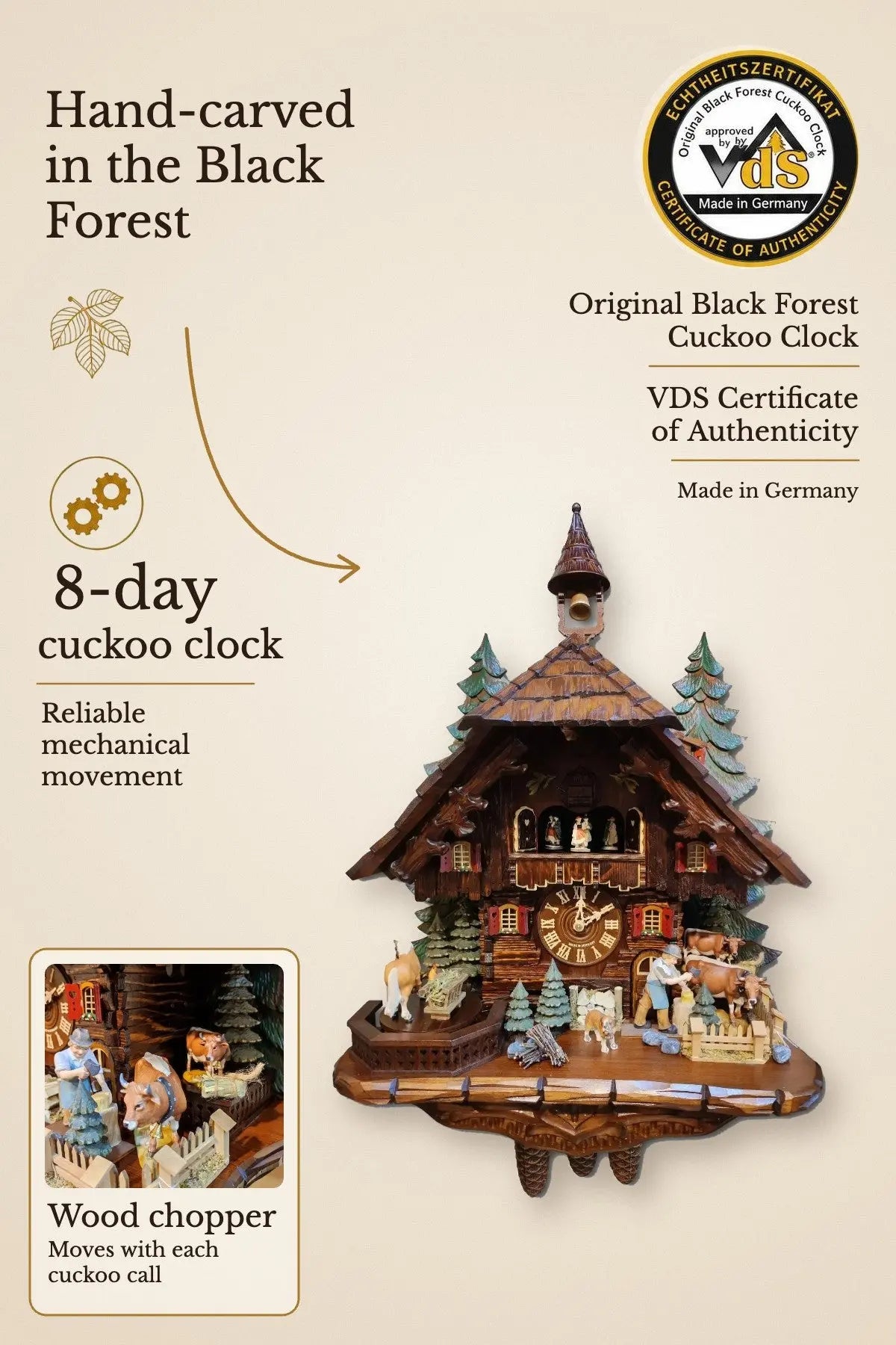 Black Forest house with large movable wood chopper 8-day cuckoo clock with music – VDS certified | Montag Steins & Clocks