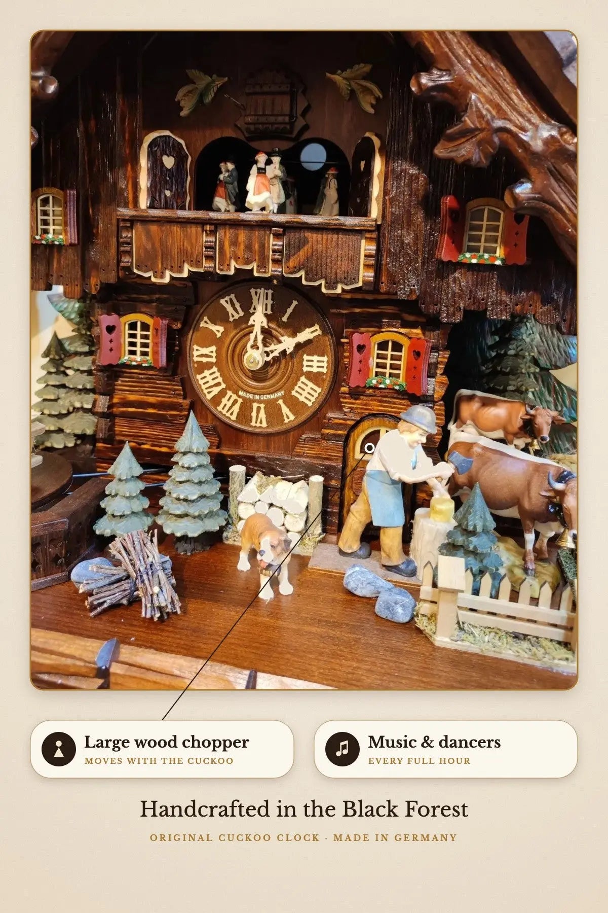 Large wood chopper moving with the cuckoo, music and dancers | Montag Steins & Clocks