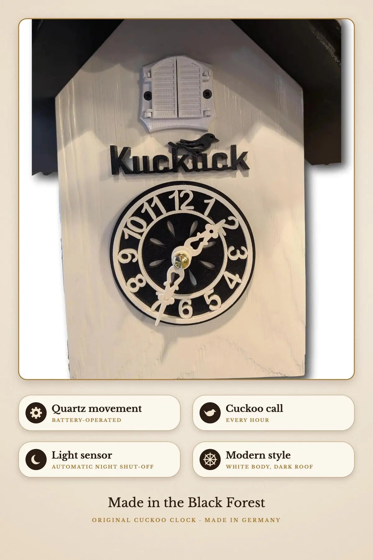 Minimalist cuckoo clock – quartz, light sensor | Montag Steins & Clocks
