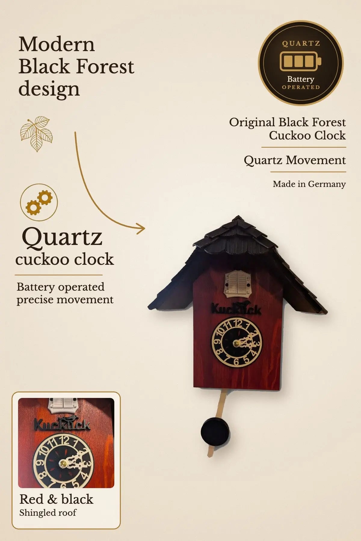 Modern Black Forest quartz cuckoo clock red and black with shingled roof | Montag Steins & Clocks