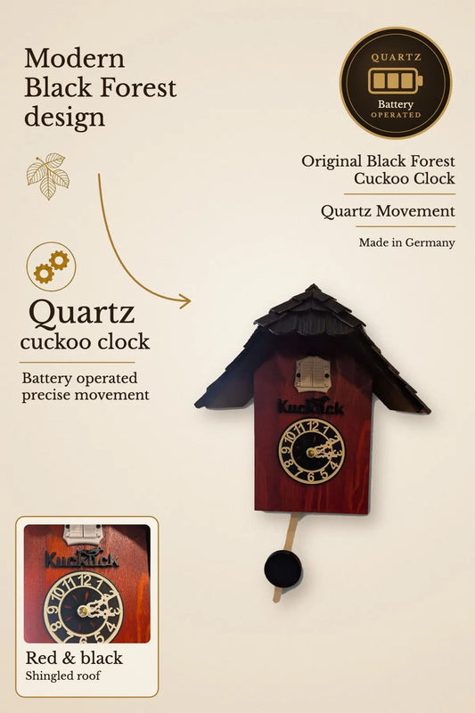 Modern Black Forest quartz cuckoo clock red and black with shingled roof | Montag Steins & Clocks
