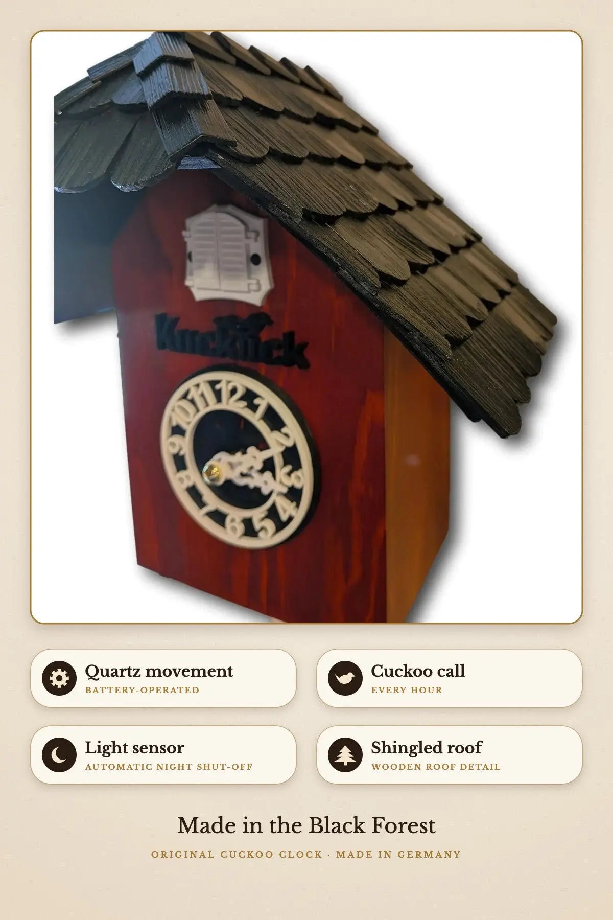 Red and black cuckoo clock – quartz, light sensor | Montag Steins & Clocks