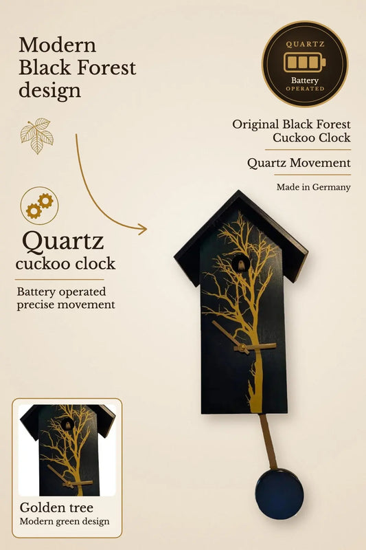 Modern quartz cuckoo clock green with golden tree | Montag Steins & Clocks