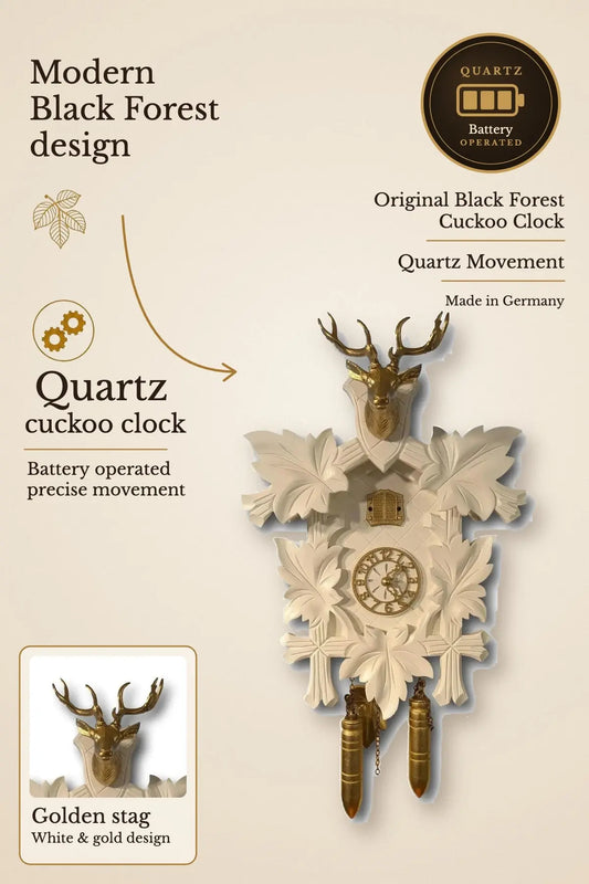 Modern white and gold quartz cuckoo clock with golden stag head | Montag Steins & Clocks