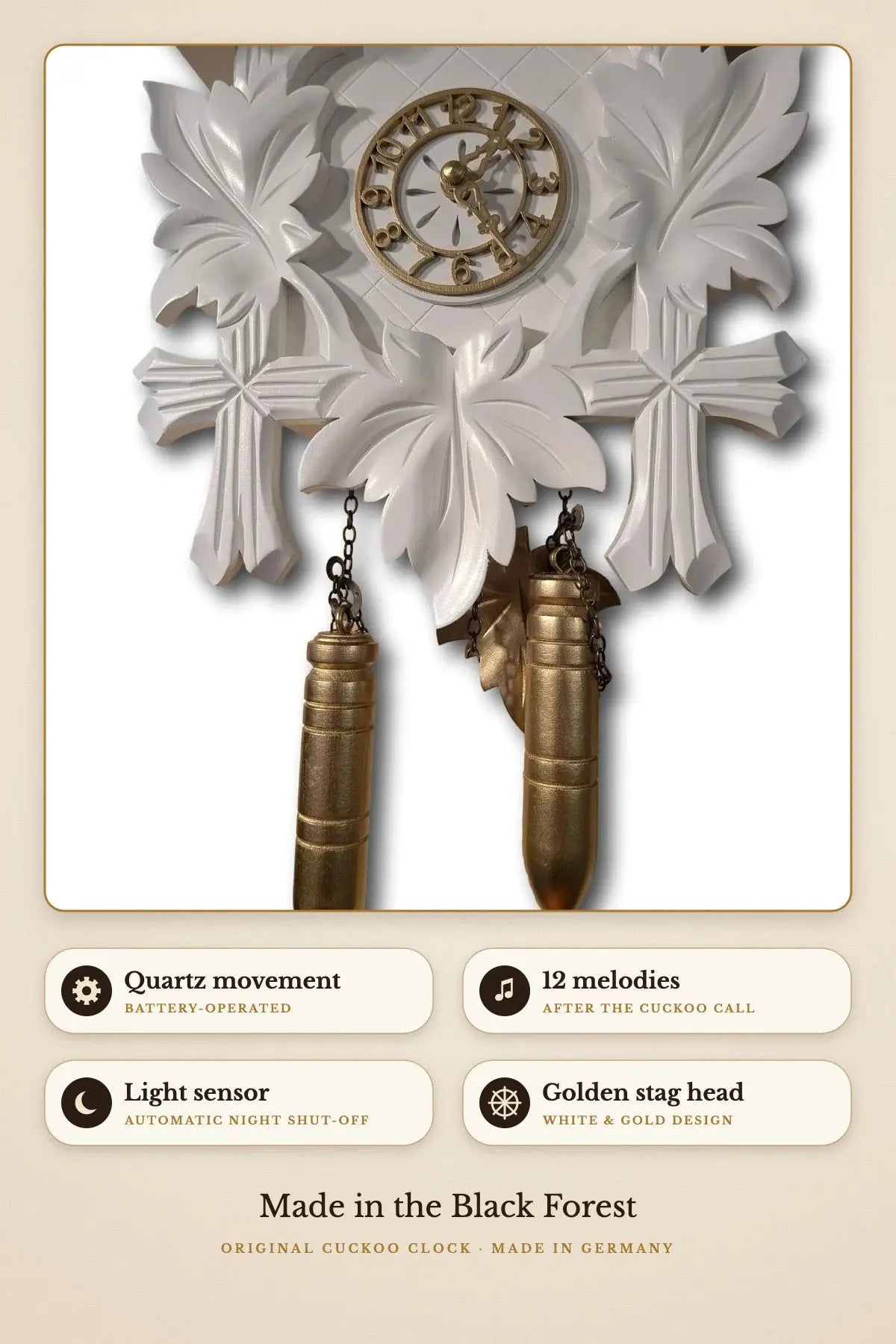 White and gold cuckoo clock – 12 melodies, light sensor | Montag Steins & Clocks