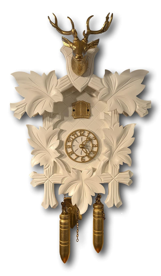 Modern White and Gold Cuckoo Clock with Golden Stag Head – Quartz Movement – Contemporary Design – Made in Germany Trenkle