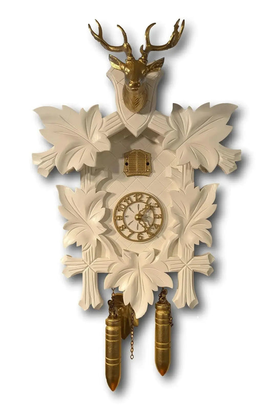 Modern White and Gold Cuckoo Clock with Golden Stag Head – Quartz Movement – Contemporary Design – Made in Germany Trenkle