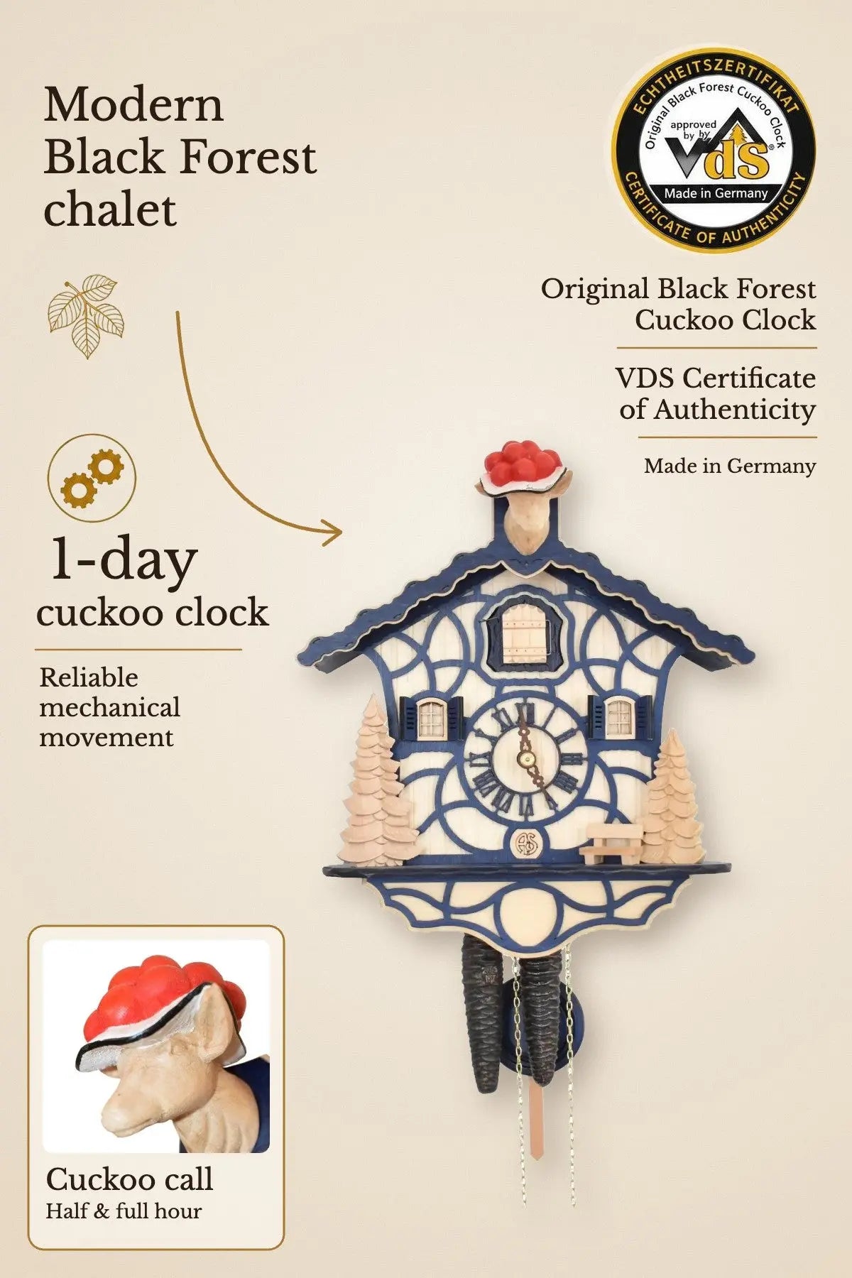 Modern chalet blue cuckoo clock, 1 day – Anton Schneider, made in the Black Forest | Montag Steins & Clocks