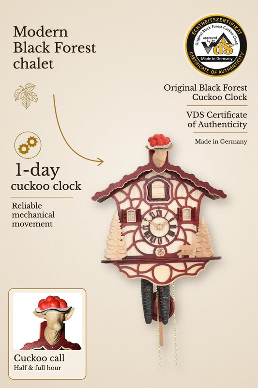 Modern cuckoo clock chalet red, 1 day – Anton Schneider, made in the Black Forest | Montag Steins & Clocks