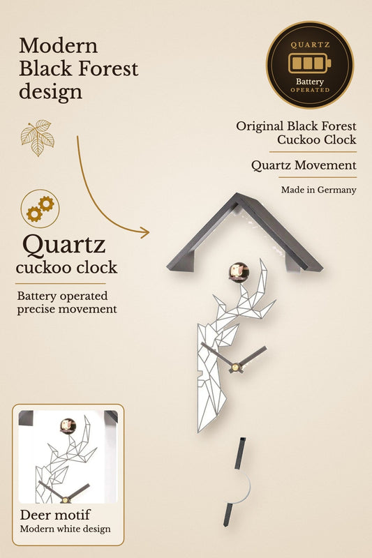 Modern quartz cuckoo clock deer white with music | Montag Steins & Clocks
