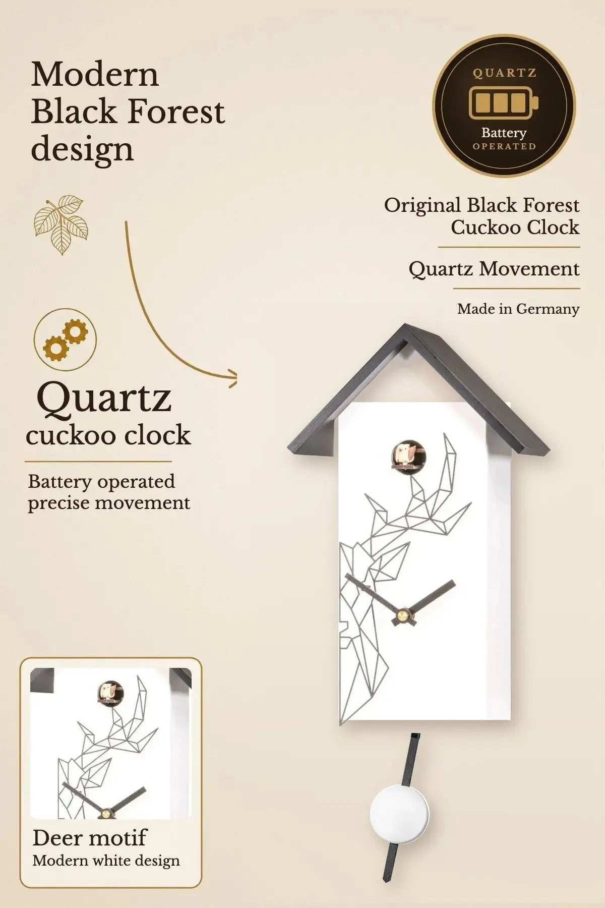 Modern quartz cuckoo clock with white deer motif and grey roof
