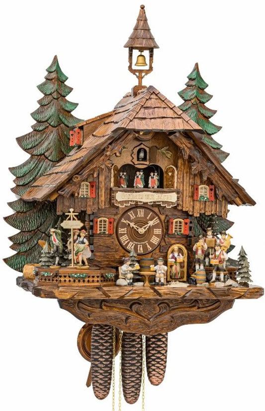 Musicians with moving dancers and beer drinkers 8-day cuckoo clock with music Hekas