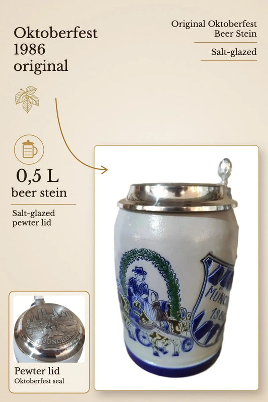 Oktoberfest 1986 salt-glazed 0,5 liter beer stein | Montag Steins & Clocks