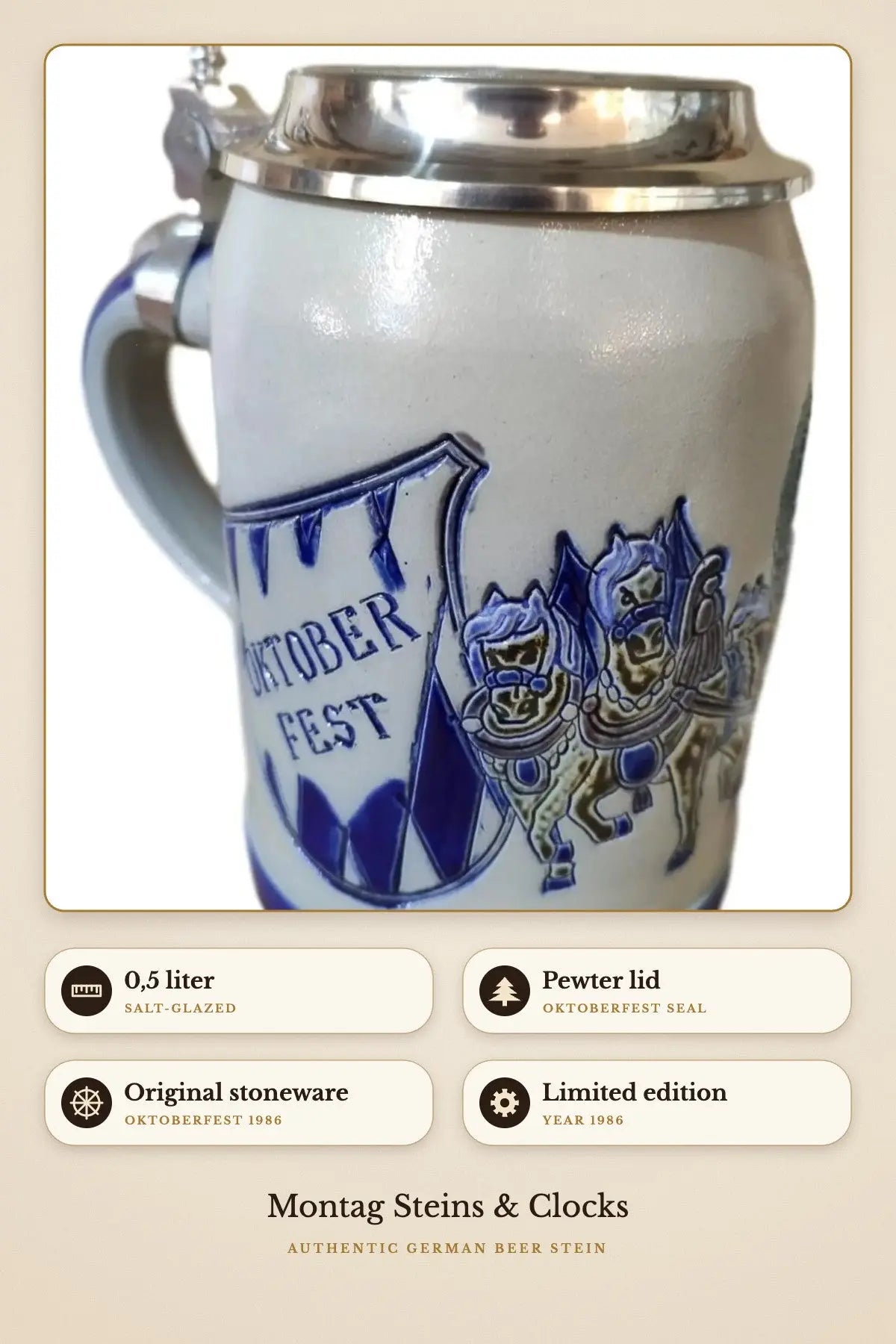 Oktoberfest 1986 stein – pewter lid with Oktoberfest seal | Montag Steins & Clocks