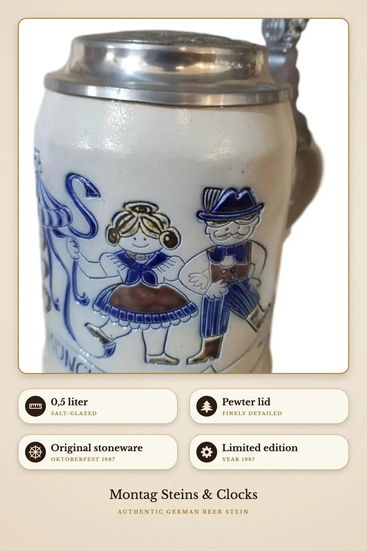Oktoberfest 1987 stein – pewter lid, salt-glazed | Montag Steins & Clocks