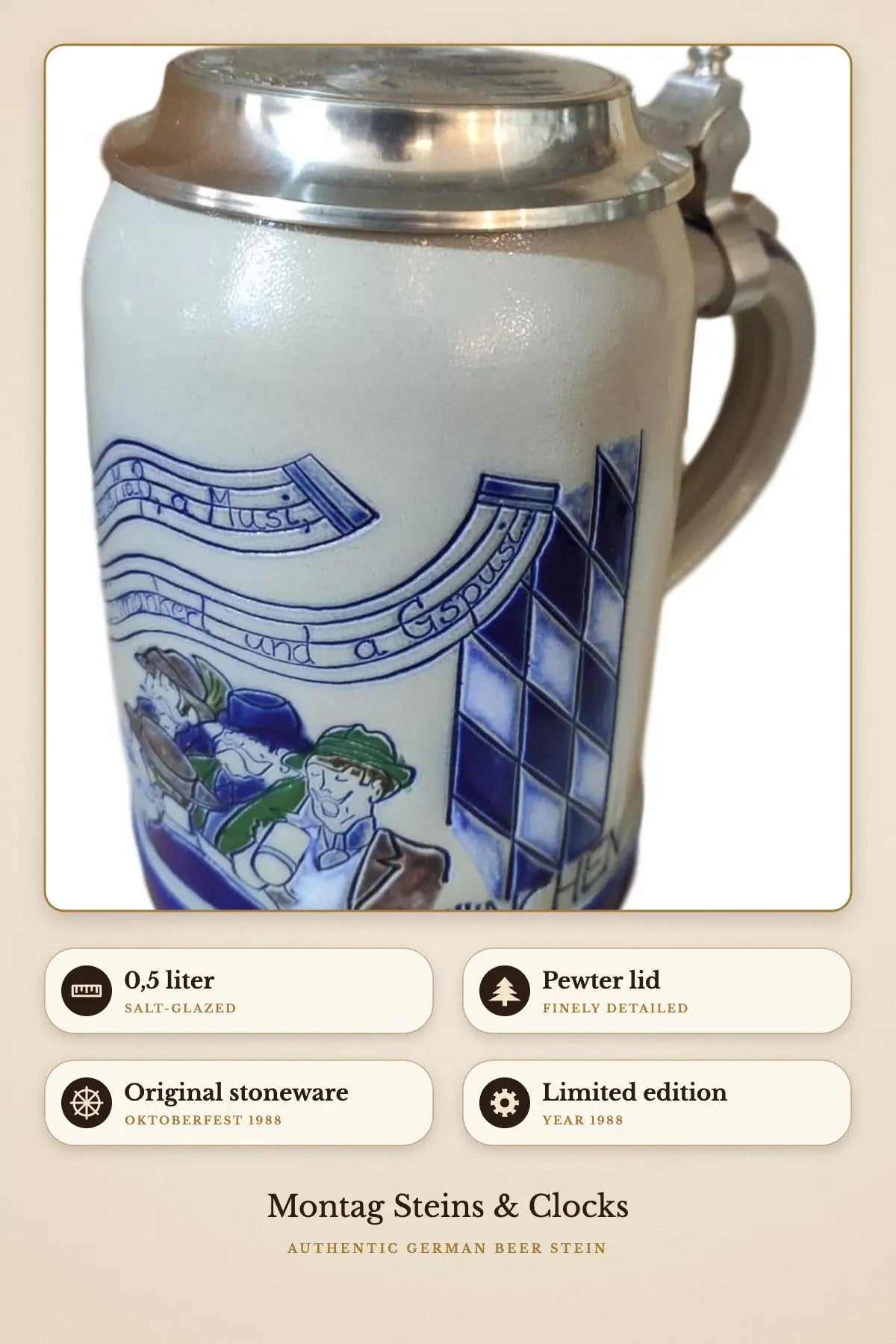 Oktoberfest 1988 stein – pewter lid, salt-glazed | Montag Steins & Clocks