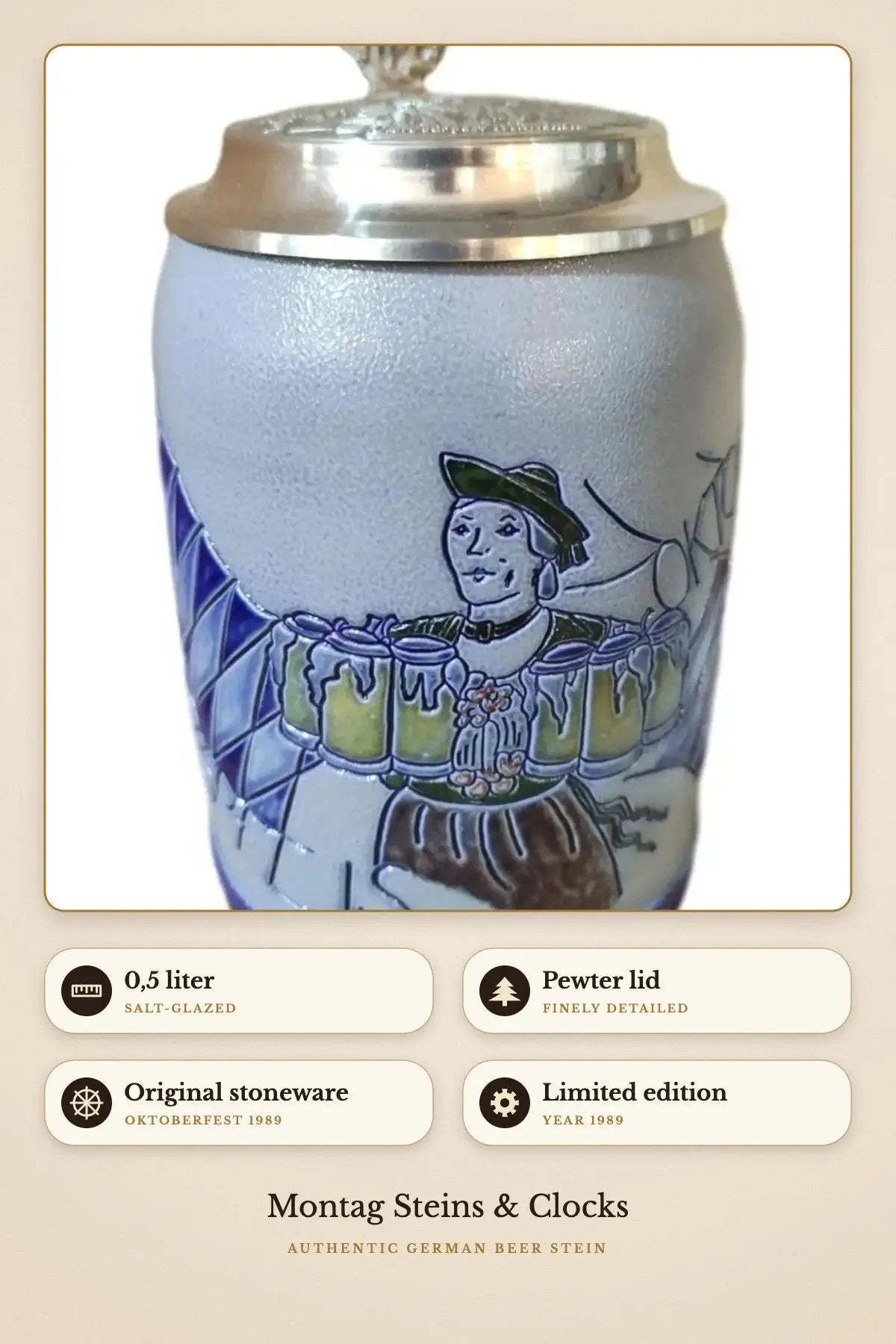 Oktoberfest 1989 stein – pewter lid, salt-glazed | Montag Steins & Clocks