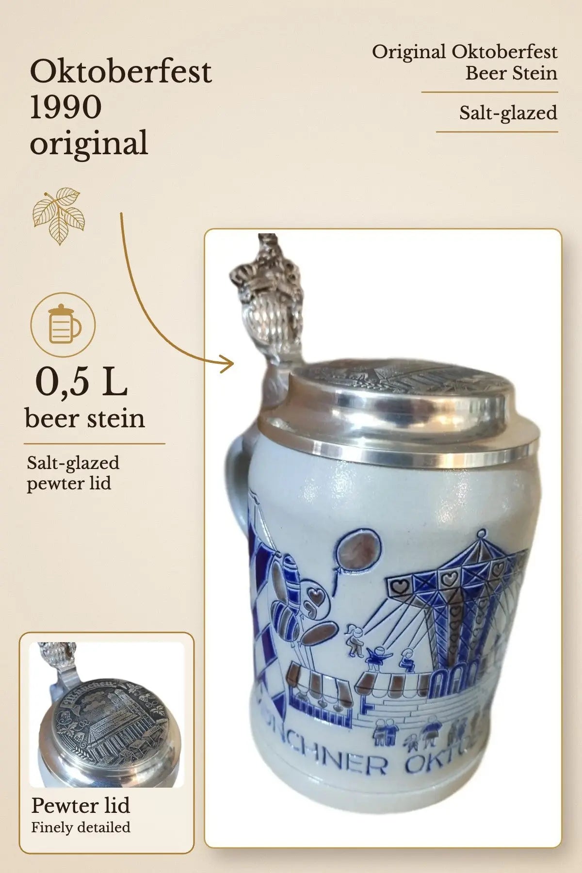 Oktoberfest 1990 salt-glazed 0,5 liter beer stein | Montag Steins & Clocks