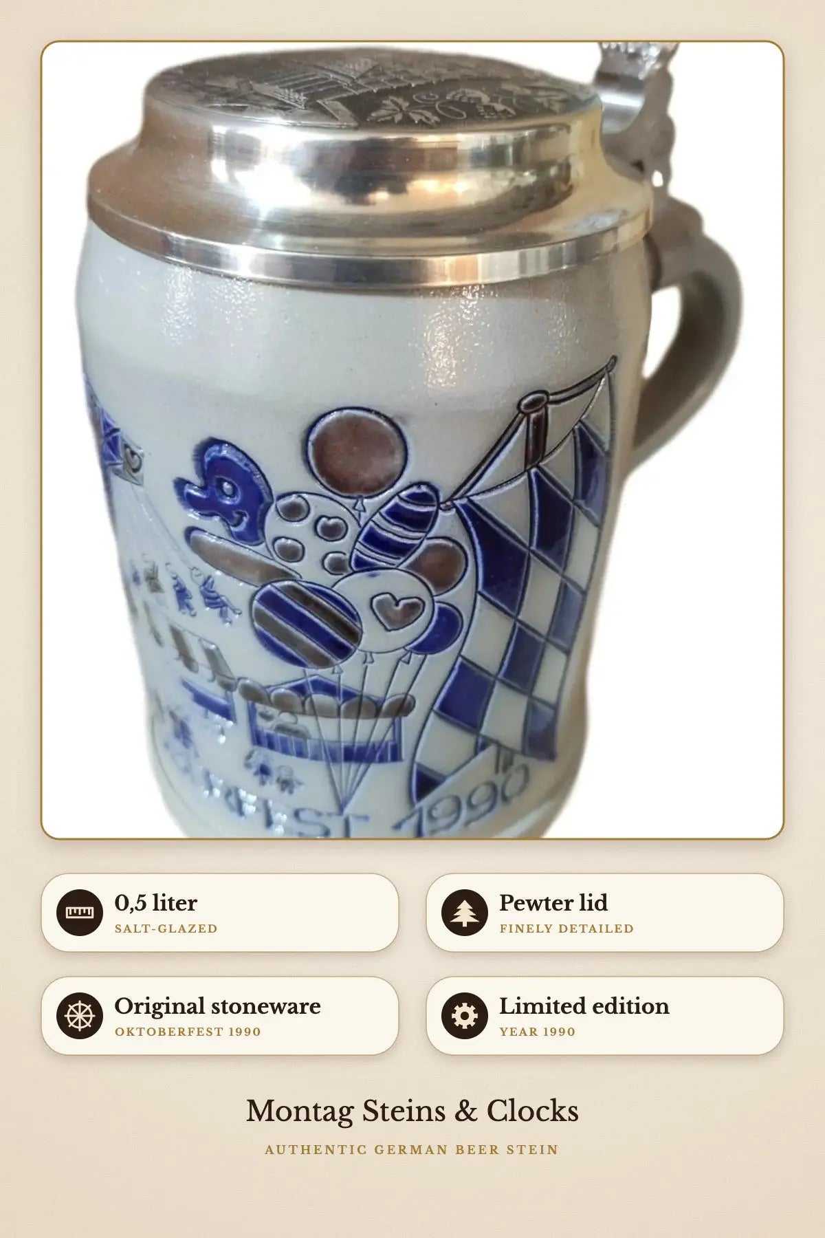 Oktoberfest 1990 stein – pewter lid, salt-glazed | Montag Steins & Clocks