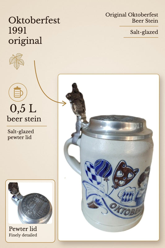 Oktoberfest 1991 salt-glazed 0,5 liter beer stein | Montag Steins & Clocks