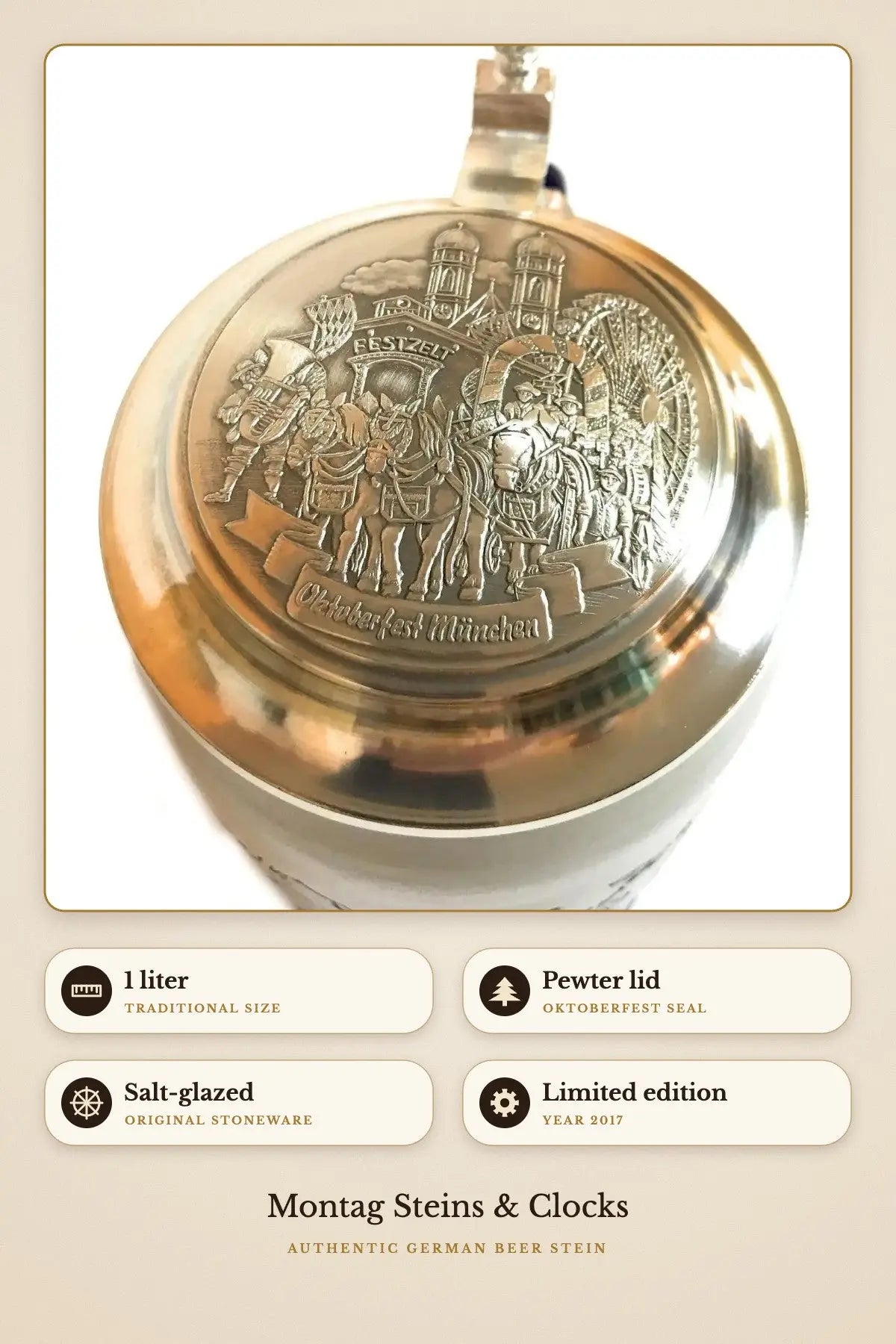 Oktoberfest 2017 stein – pewter lid with Oktoberfest seal | Montag Steins & Clocks