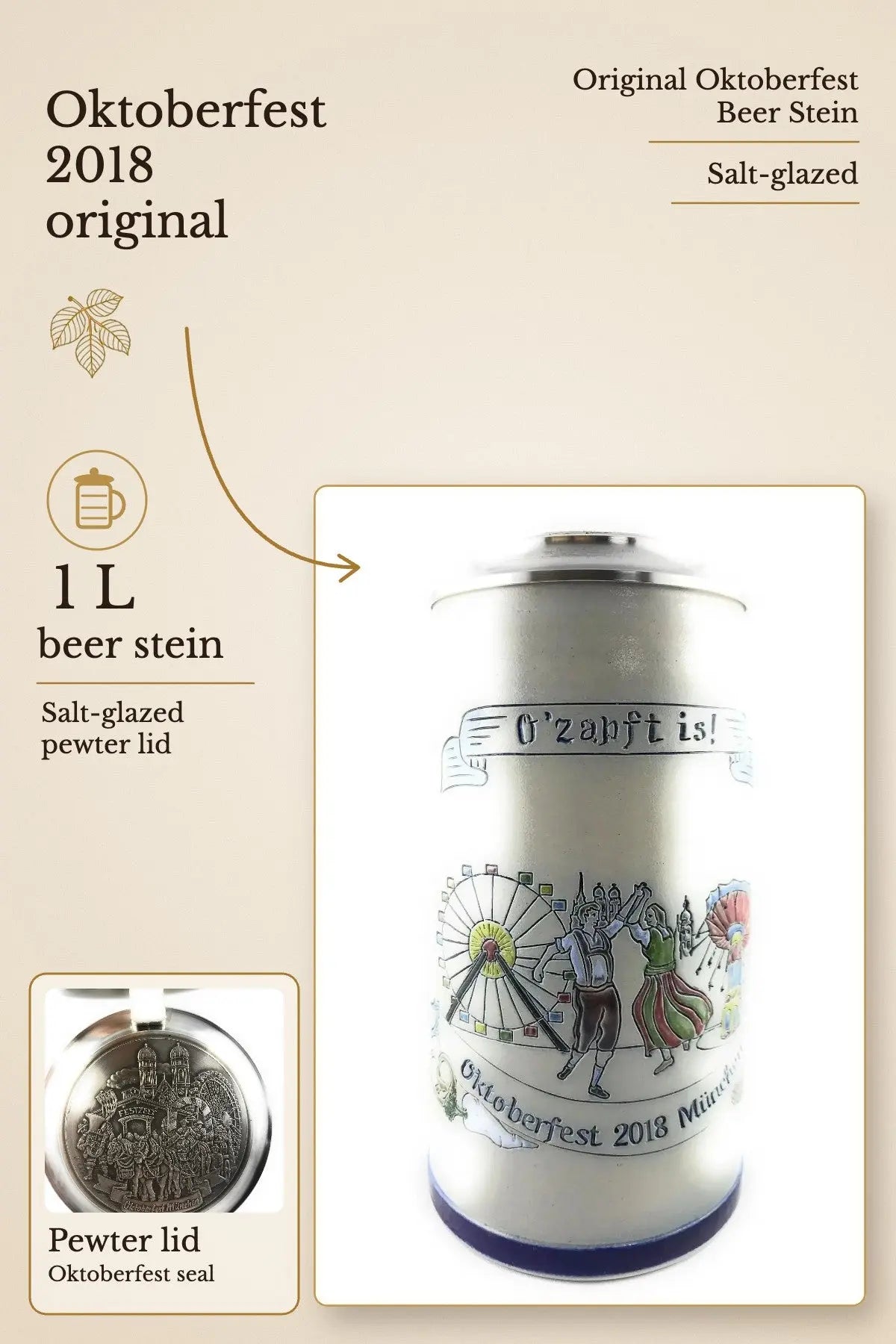 Oktoberfest 2018 salt-glazed 1 liter beer stein | Montag Steins & Clocks