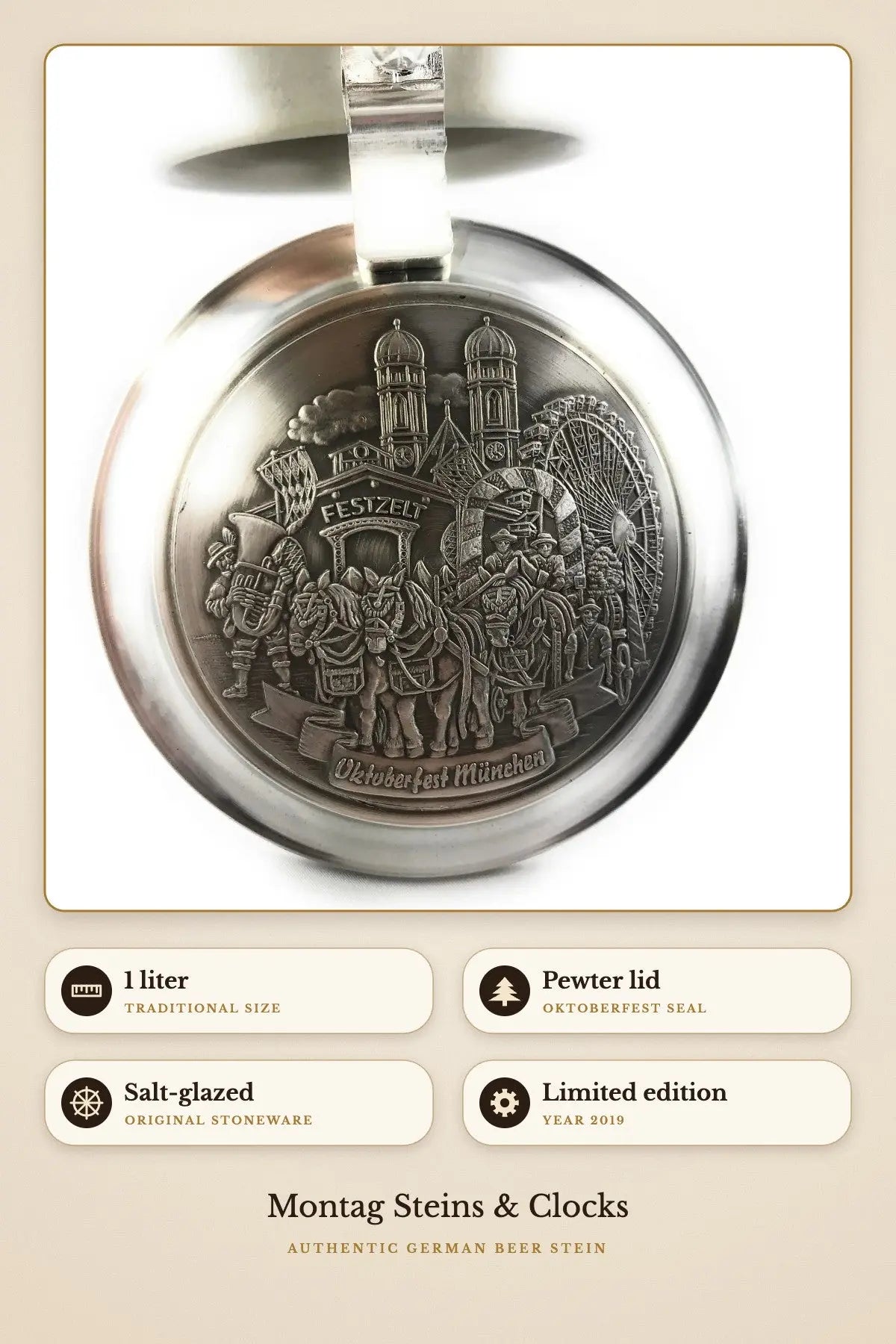 Oktoberfest 2019 stein – pewter lid with Oktoberfest seal | Montag Steins & Clocks
