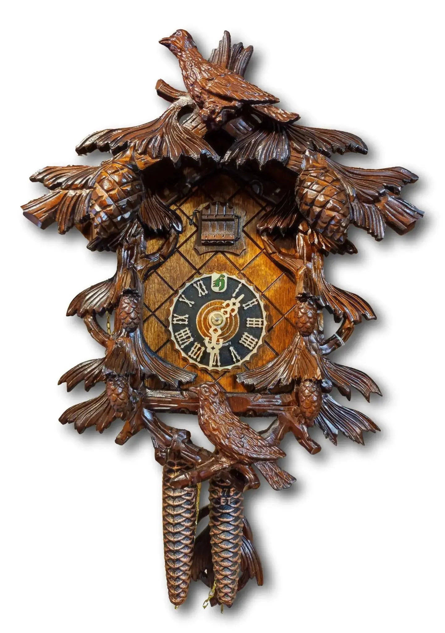 Pine cone cuckoo clock Dark stained with two birds Hoenes