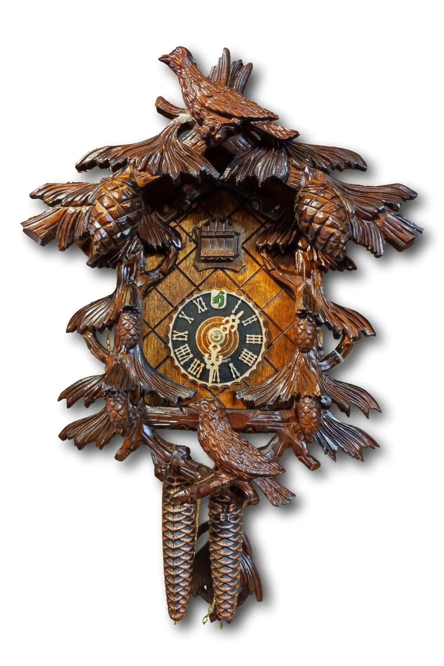 Pine cone cuckoo clock Dark stained with two birds Hoenes