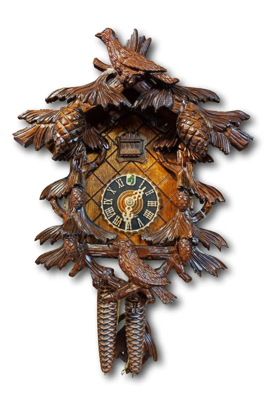 Pine cone cuckoo clock Dark stained with two birds Hoenes