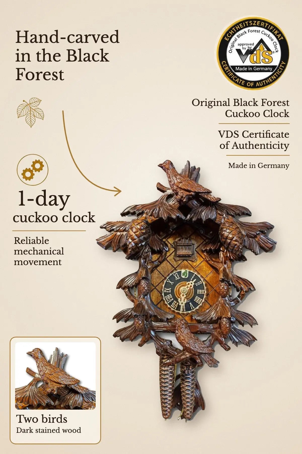 Pine cone cuckoo clock dark stained with two birds, 1 day – VDS certified | Montag Steins & Clocks