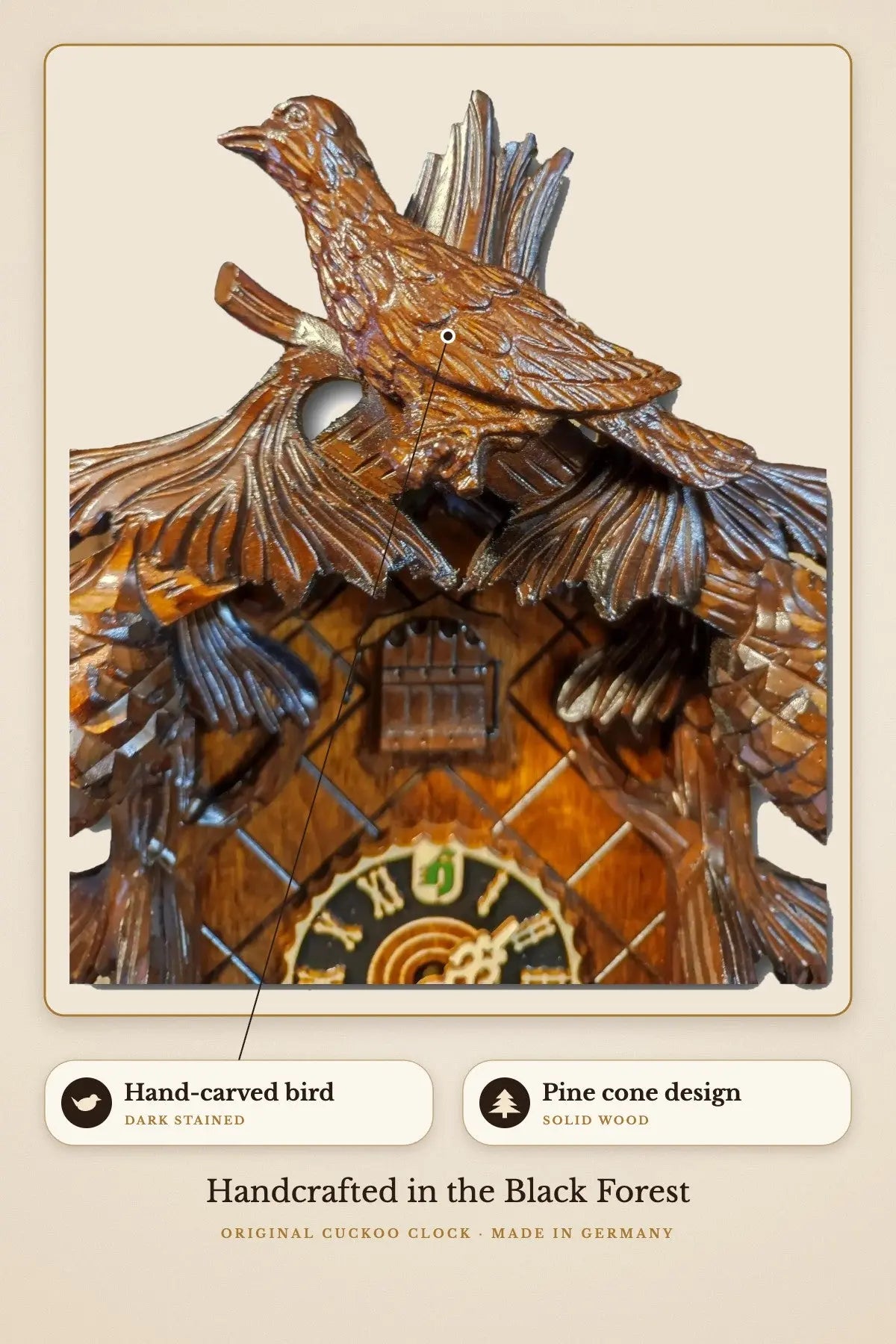 Hand-carved bird in dark stained wood | Montag Steins & Clocks