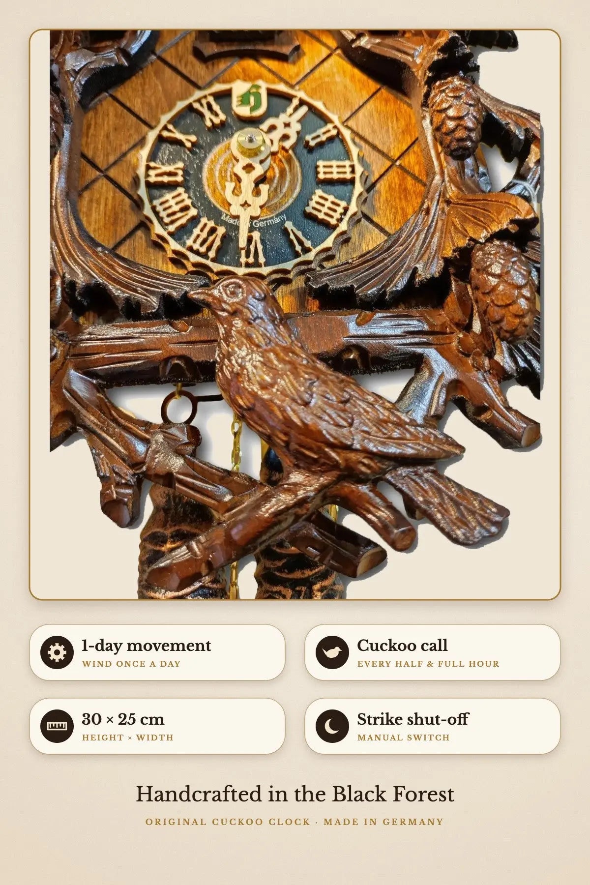 1-day movement, cuckoo call, 30 x 25 cm, manual strike shut-off | Montag Steins & Clocks