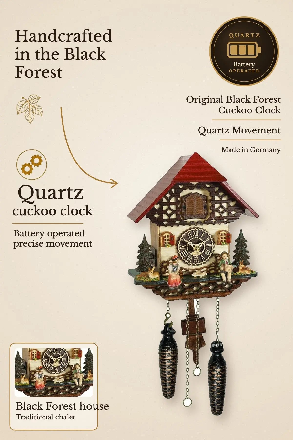 Quartz cuckoo clock Black Forest house with music | Montag Steins & Clocks