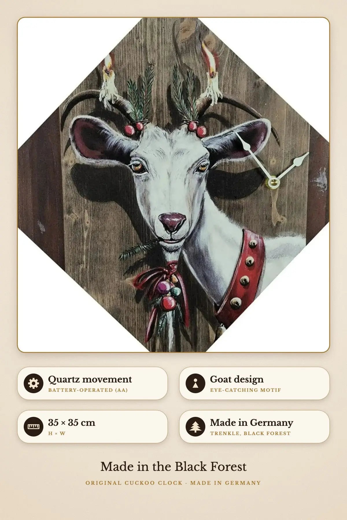 Quartz clock goat – battery-operated, 35 × 35 cm | Montag Steins & Clocks